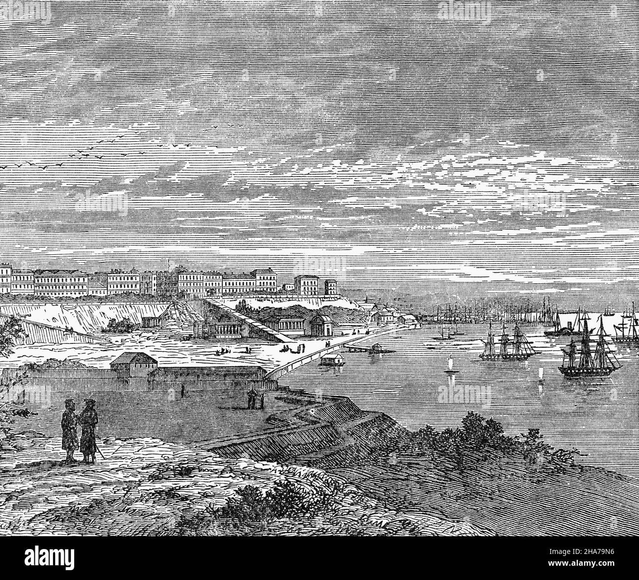Eine Illustration von Odessa aus dem späten 19th. Jahrhundert im Südwesten der Ukraine, am nordwestlichen Ufer des Schwarzen Meeres. Nach einer Zeit der Kontrolle des Großherzogtums Litauens wurde es 1529 Teil der Herrschaft der Osmanen und blieb dort bis zur Niederlage des Reiches im russisch-türkischen Krieg von 1792. Im Jahr 1794 wurde die Stadt Odessa durch ein Dekret der russischen Kaiserin Katharina der Großen gegründet. Von 1819 bis 1858 war Odessa ein freier Hafen – ein porto-Franco. Während der Sowjetzeit war es der wichtigste Handelshafen in der Sowjetunion und ein sowjetischer Marinestützpunkt. Stockfoto