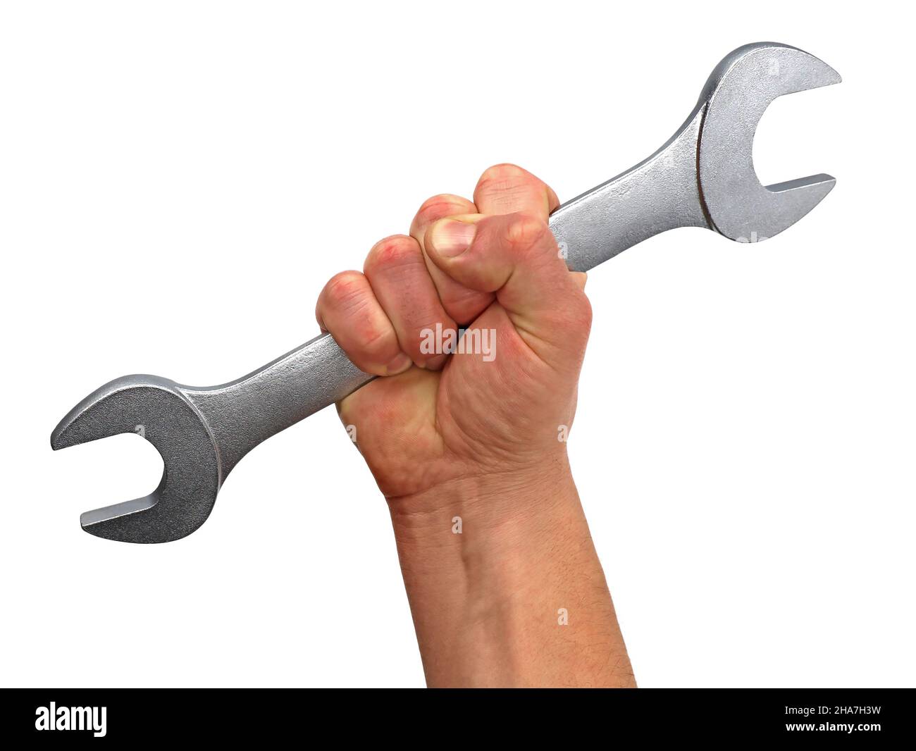 Männlicher Handarbeiter, der einen Schraubenschlüssel auf weißem Hintergrund hält, motivierter Handwerker hält das Werkzeug in der Hand Stockfoto