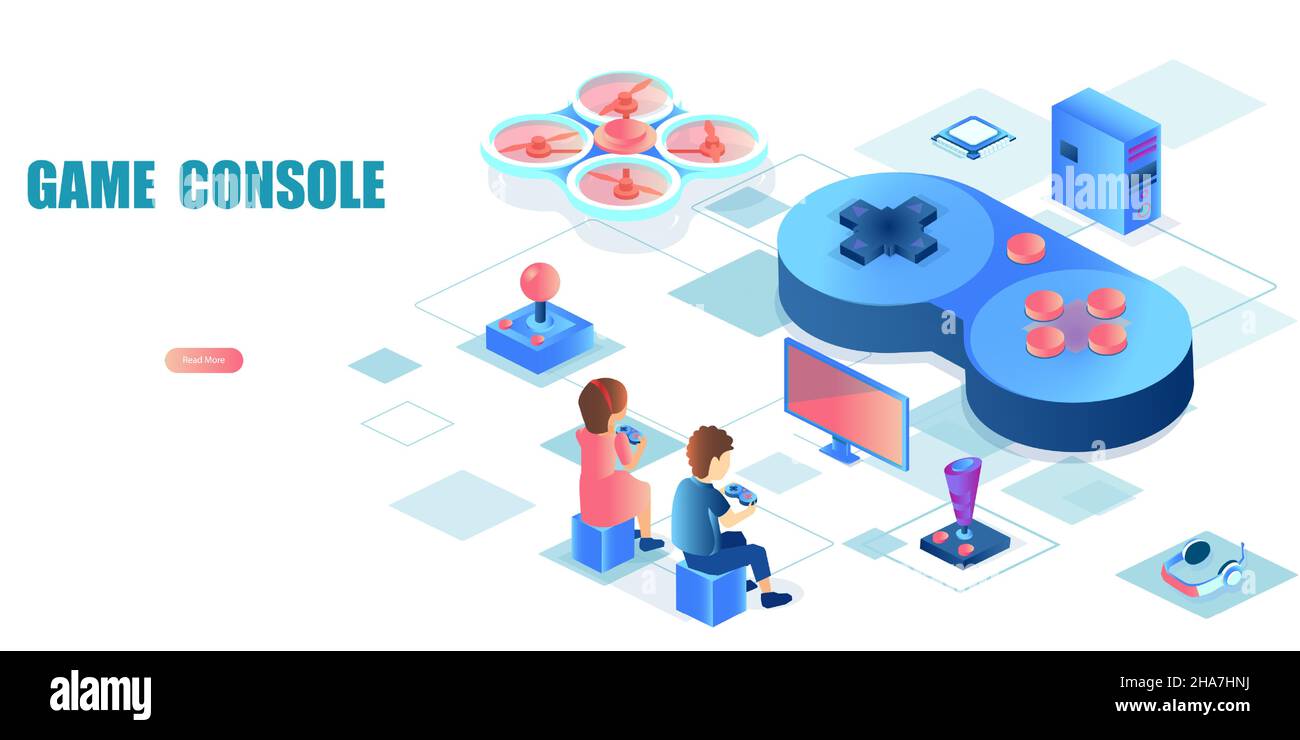 Vektor von Kindern Junge und Mädchen spielen Videospiel mit Fernsehen und Konsole Joystick über wi-Fi-Internet verbunden. Stock Vektor