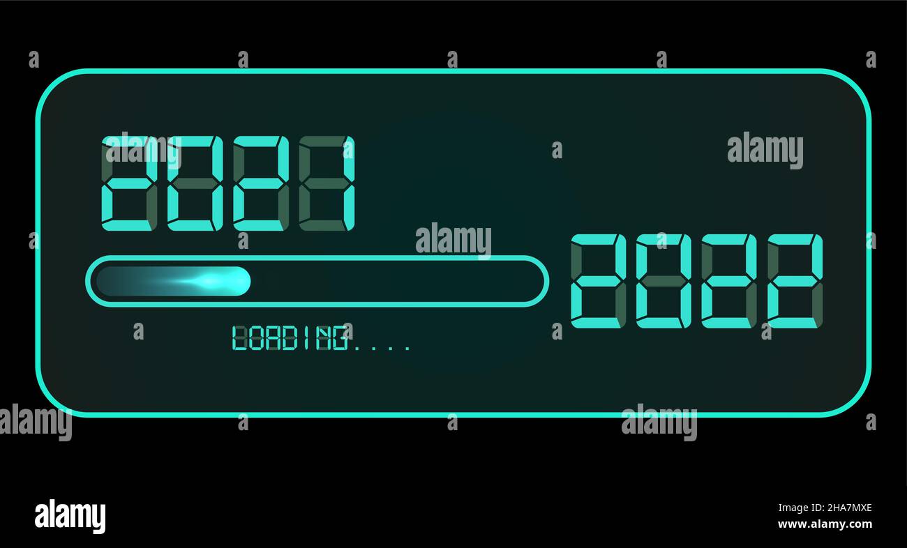 2022 Happy New year digital clock. 2021 Beladung auf bis zu 2022. Blue LED Neon Digital Time Style. Die Fortschrittsanzeige erreicht fast Silvester. Vektorillust Stock Vektor