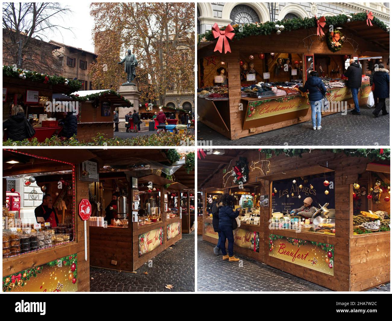 Bologna - Italien - 18. Dezember 2019: Auf dem französischen Weihnachtsmarkt in Bologna einkaufen. Mercatino Francese, Piazza Minghetti. Italienisch Stockfoto