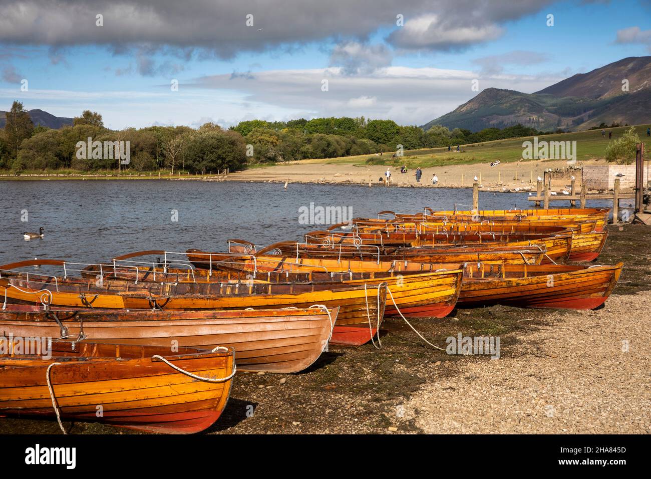 Großbritannien, Cumbria, Allerdale, Keswick, Derwentwater, Ruderboote am Seeufer Stockfoto