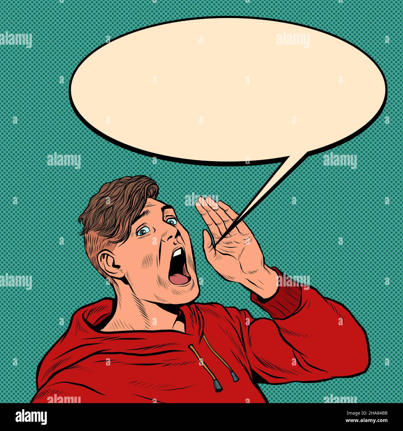 Ein junger Mann schreit eine Ankündigung der Pop-Art, Werbevorlage Poster-Stil Stock Vektor