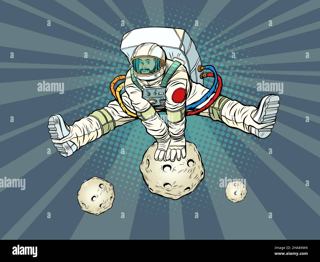 Der Astronaut freut sich, in einer lustigen Pose mit auseinander stehenden Beinen durch einen Planeten oder einen Planeten zu springen. Raumfahrt und Wissenschaft Stock Vektor