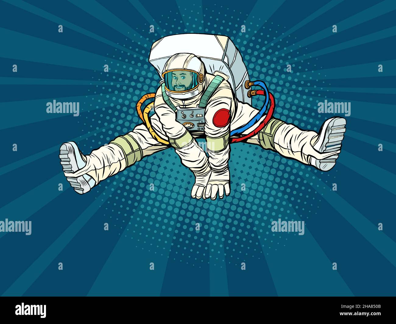 Der Astronaut freut sich, in einer lustigen Pose mit auseinander stehenden Beinen hochspringen zu können. Raumfahrt und Wissenschaft Stock Vektor