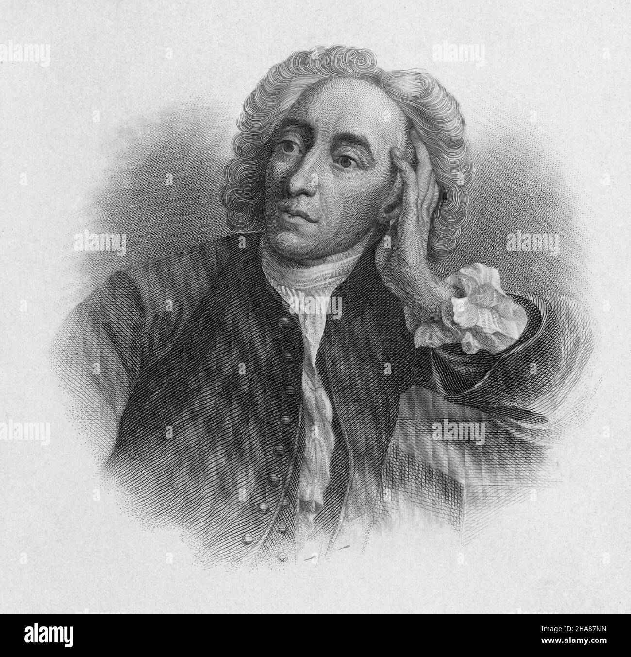 Antike Gravur von Alexander Pope um 1870 von Henry Bryan Hall (New York). Alexander Pope (1688-1744) war ein englischer Dichter, Übersetzer und Satiriker der Augustinerzeit und einer seiner größten künstlerischen Vertreter. QUELLE: ORIGINALGRAVUR Stockfoto