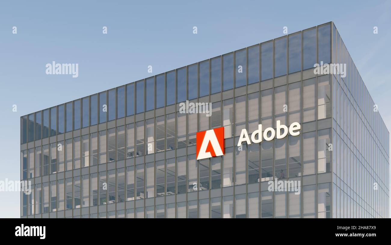 San Jose, CA, USA. 17. Oktober 2021, nur redaktionelle Verwendung, 3D CGI. Adobe Signage-Logo auf dem Glasgebäude. Workplace Computer Software Company in H Stockfoto