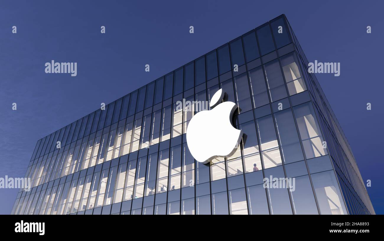 Cupertino, CA, USA. 17. Oktober 2021. Nur zur redaktionellen Verwendung, 3D CGI. Apple Corporation Logo auf Glasgebäude. Arbeitsplatztechnol Stockfoto