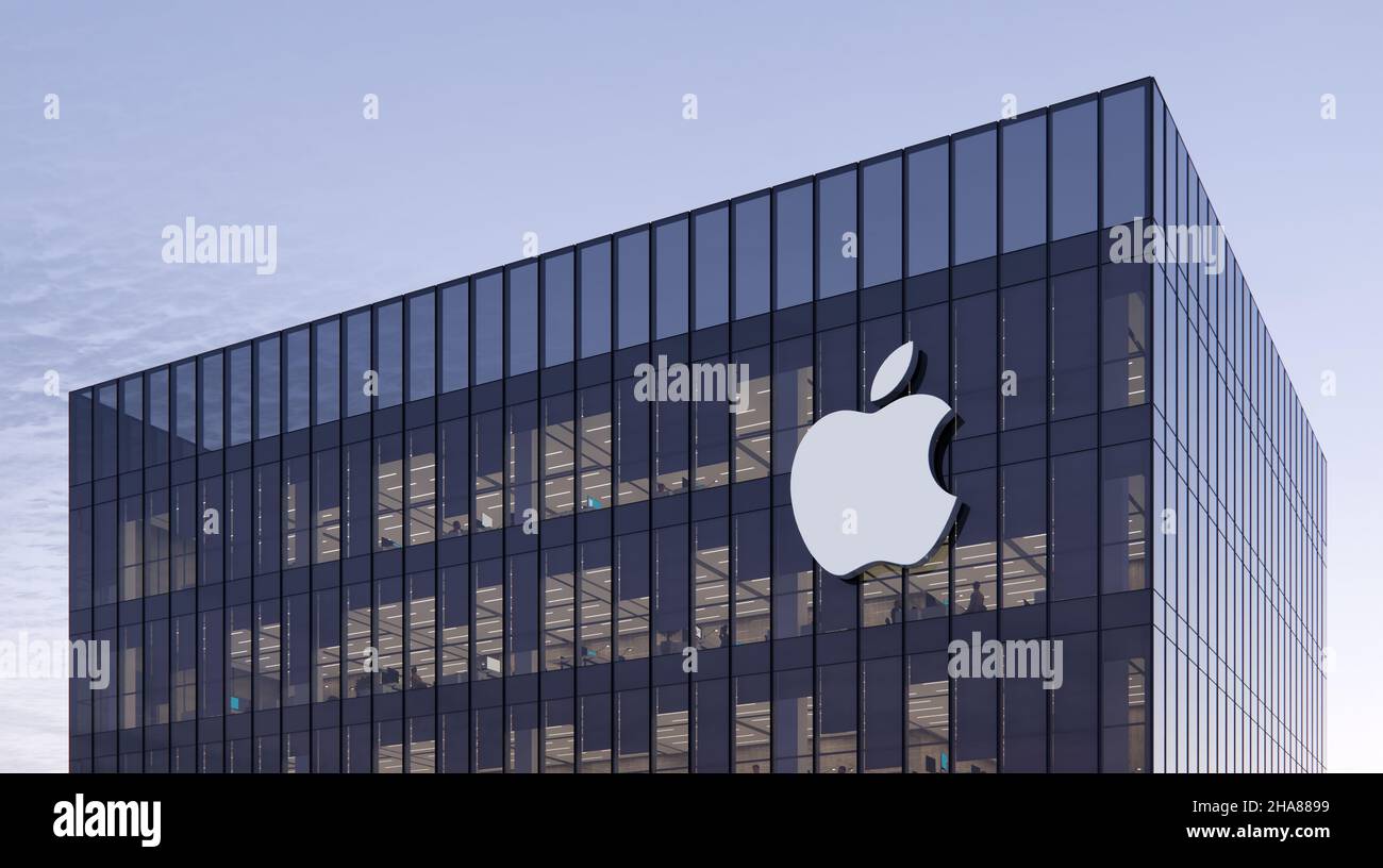 Cupertino, CA, USA. 17. Oktober 2021. Nur zur redaktionellen Verwendung, 3D CGI. Apple Corporation Logo auf Glasgebäude. Arbeitsplatztechnol Stockfoto