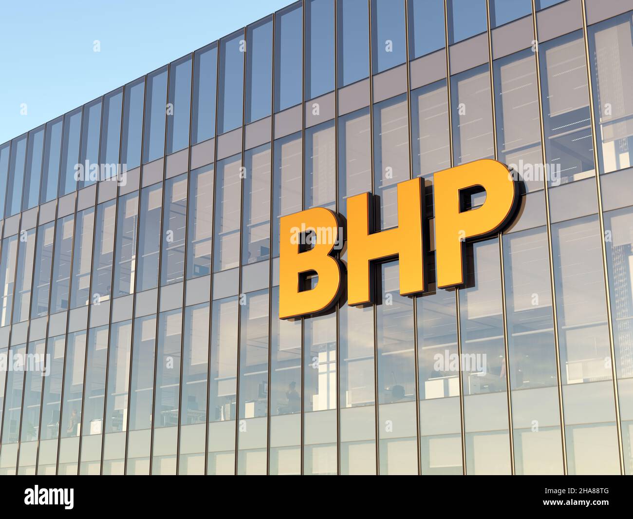 Melbourne, Victoria, Australien. 31. Oktober 2021, nur redaktionelle Verwendung, 3D CGI. BHP-Beschriftungen auf dem Glasgebäude. Workplace Mining Company Offi Stockfoto