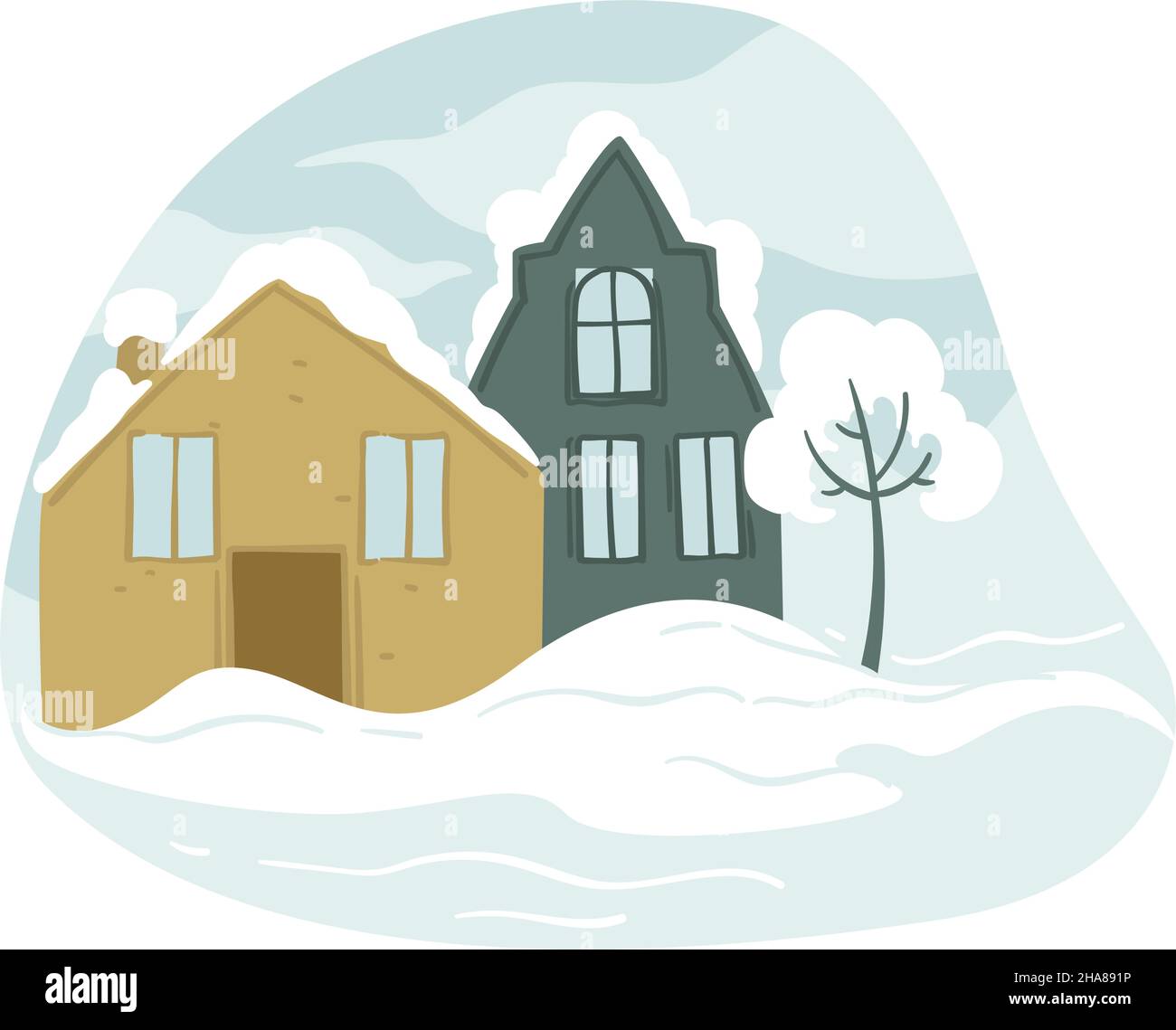 Winterlandschaft oder Stadtbild mit Gebäuden und Häusern Dächer mit Schnee bedeckt. Winterlandschaft mit Baum im Hof. Downtown-Architektur und ou Stock Vektor