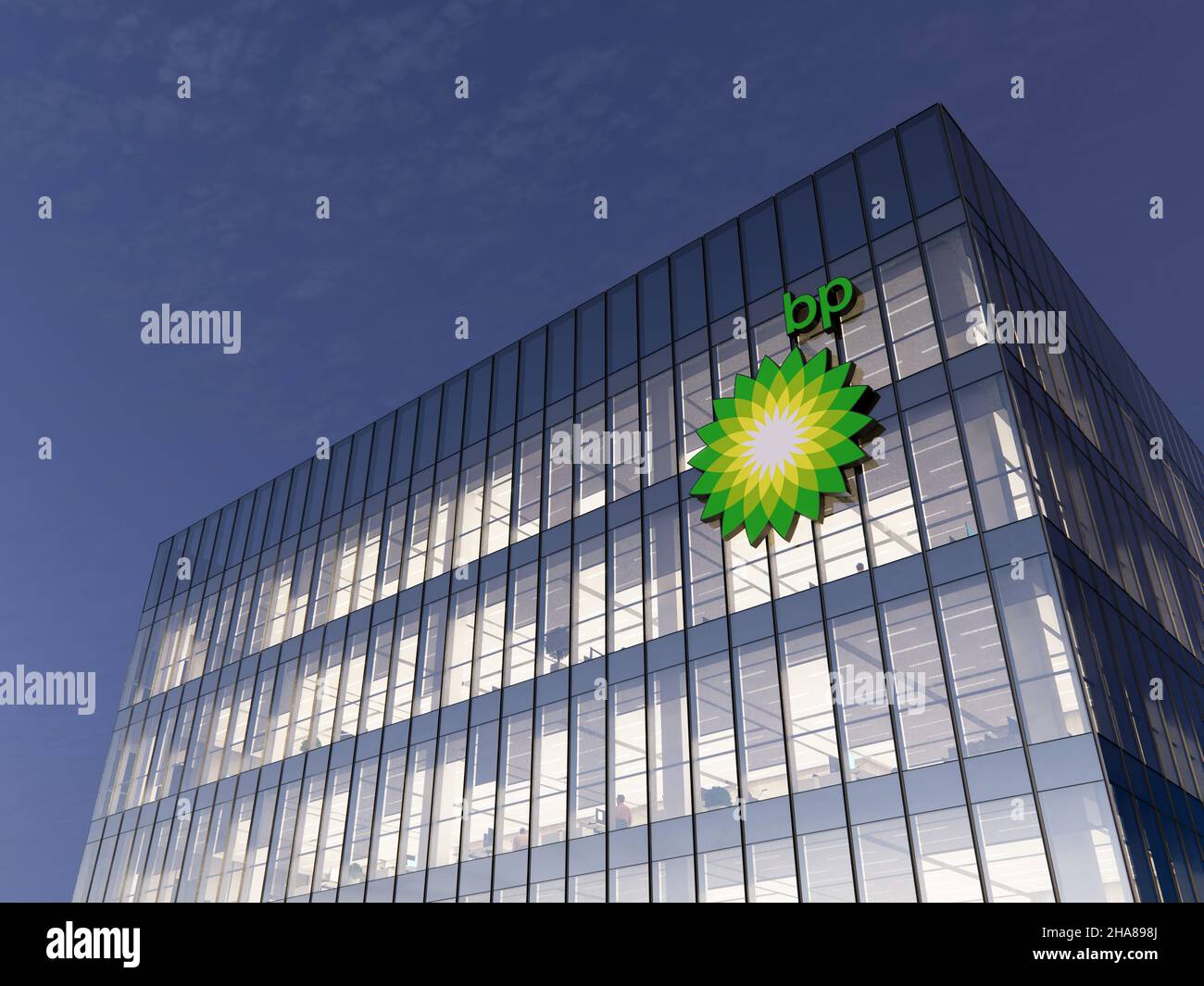 London, Großbritannien. 7. November 2021. Nur zur redaktionellen Verwendung, 3D CGI. BP-Beschriftungen auf dem Glasgebäude. British Petroleum Workplace of Gas and Stockfoto