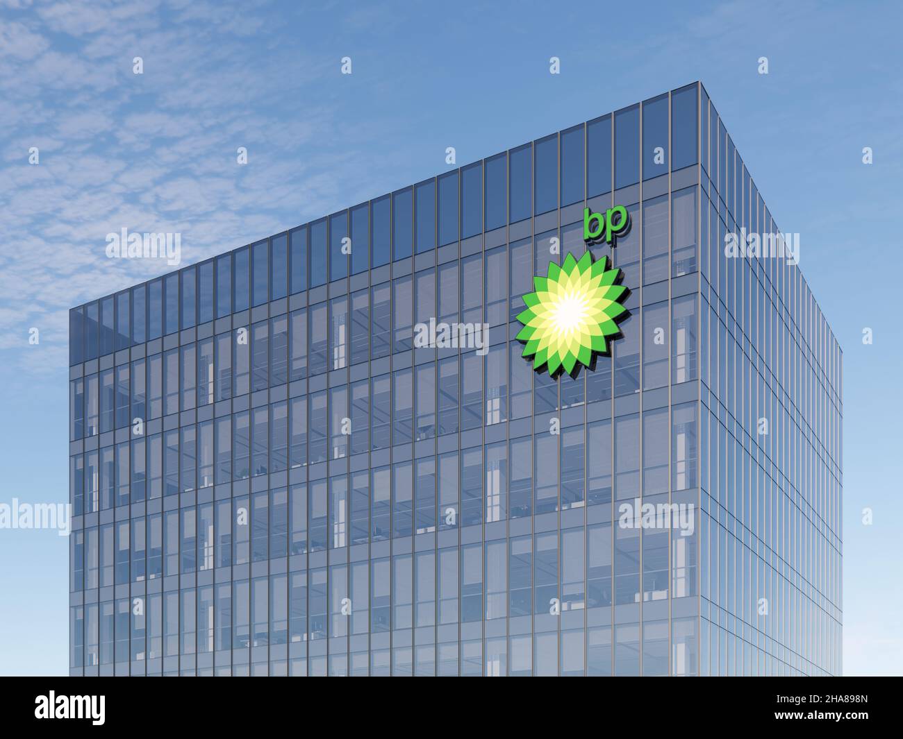 London, Großbritannien. 7. November 2021. Nur zur redaktionellen Verwendung, 3D CGI. BP-Beschriftungen auf dem Glasgebäude. British Petroleum Workplace of Gas and Stockfoto