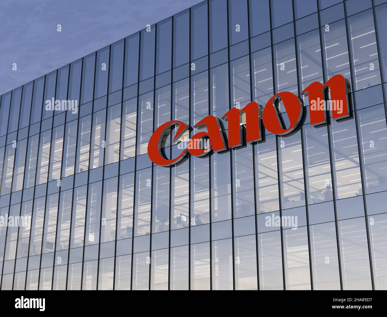 Ota City, Tokio, Japan. 8. November 2021. Nur zur redaktionellen Verwendung, 3D CGI. Canon Corporation Holding-Logo auf Glasgebäude. Arbeitsplatz von Te Stockfoto