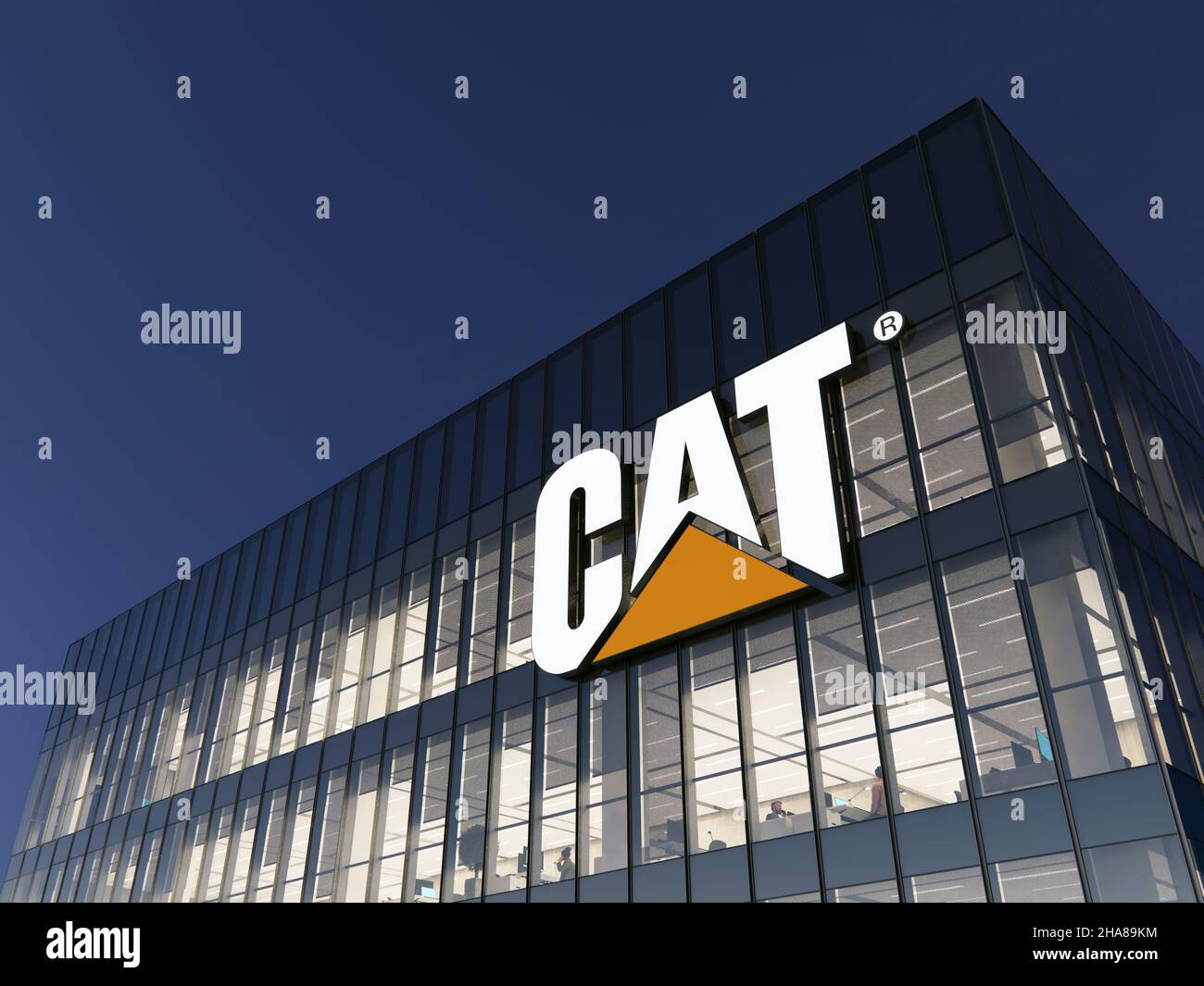 Deerfield, IL, USA. 8. Juli 2021. Nur zur redaktionellen Verwendung, 3D CGI. CAT Holding Signage Logo Top Glass Building. Arbeitsplatz von Caterpillar Construction Machi Stockfoto