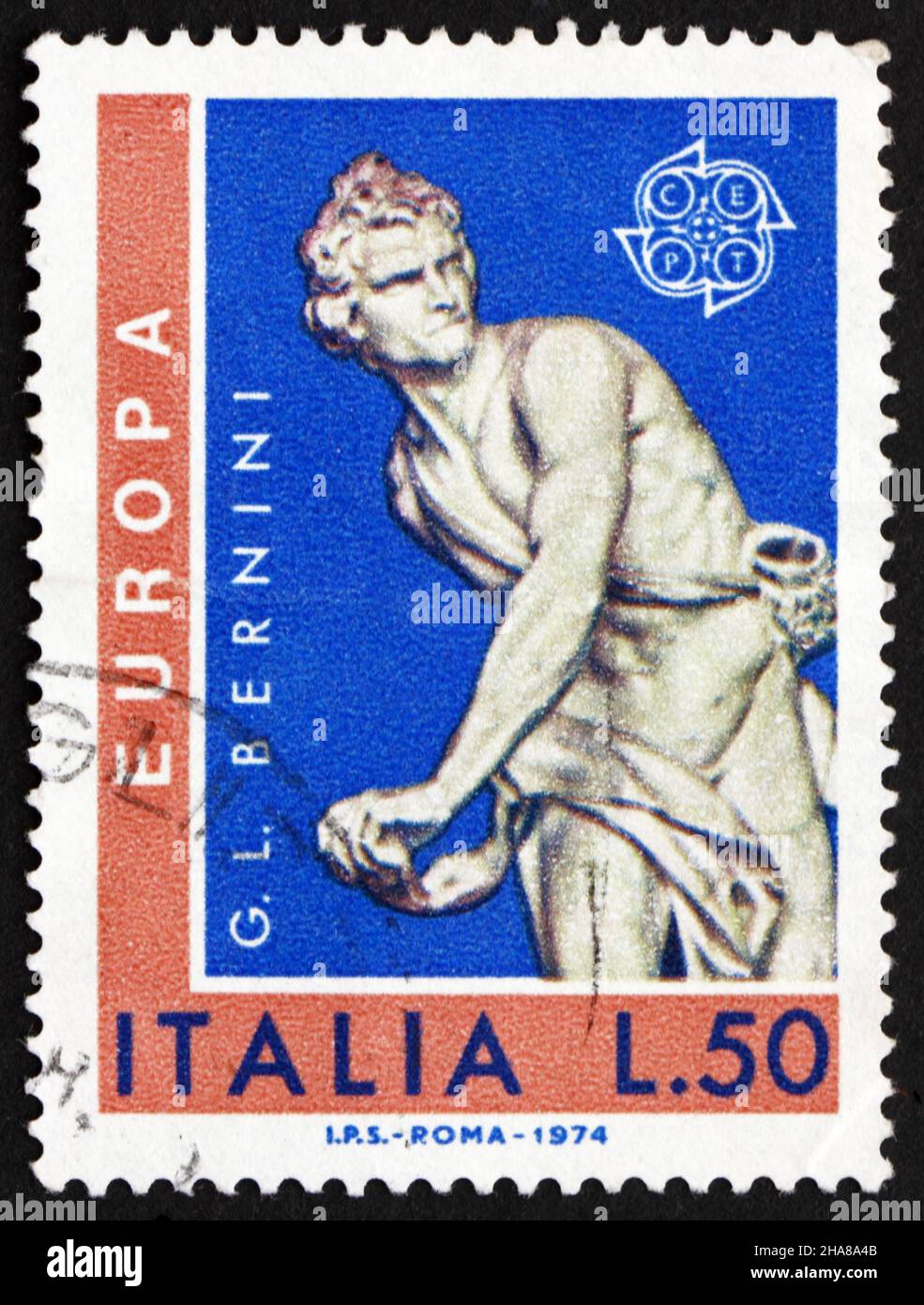 ITALIEN - UM 1974: Eine in Italien gedruckte Briefmarke zeigt David, Skulptur von Giovanni Lorenzo Bernini, um 1974 Stockfoto