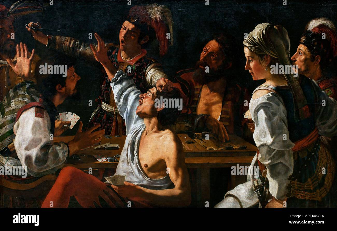 Karten- und Backgammon-Spieler. Fight Over Cards von Theodoor Rombouts (1597-1637), Öl auf Leinwand, c. 1620-29 Stockfoto