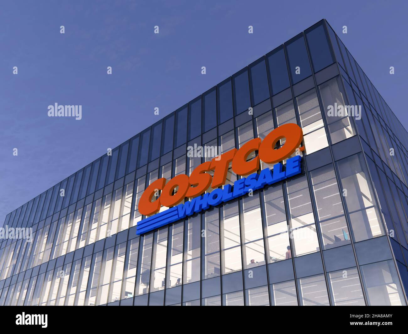 Issaquah, WA, USA. 11. Dezember 2021. Nur zur redaktionellen Verwendung, 3D CGI. Costco Wholesale Signage Logo Top of Glass Building. Arbeitsplatz von Big-Box Store Comp Stockfoto