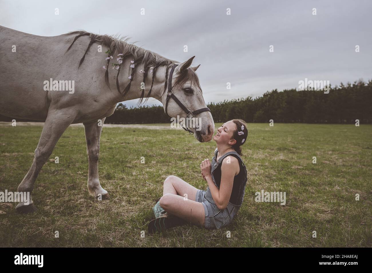 Ein Teenager-Mädchen, das mit einem grauen Pferd mit Zöpfen und Blumen sitzt Stockfoto