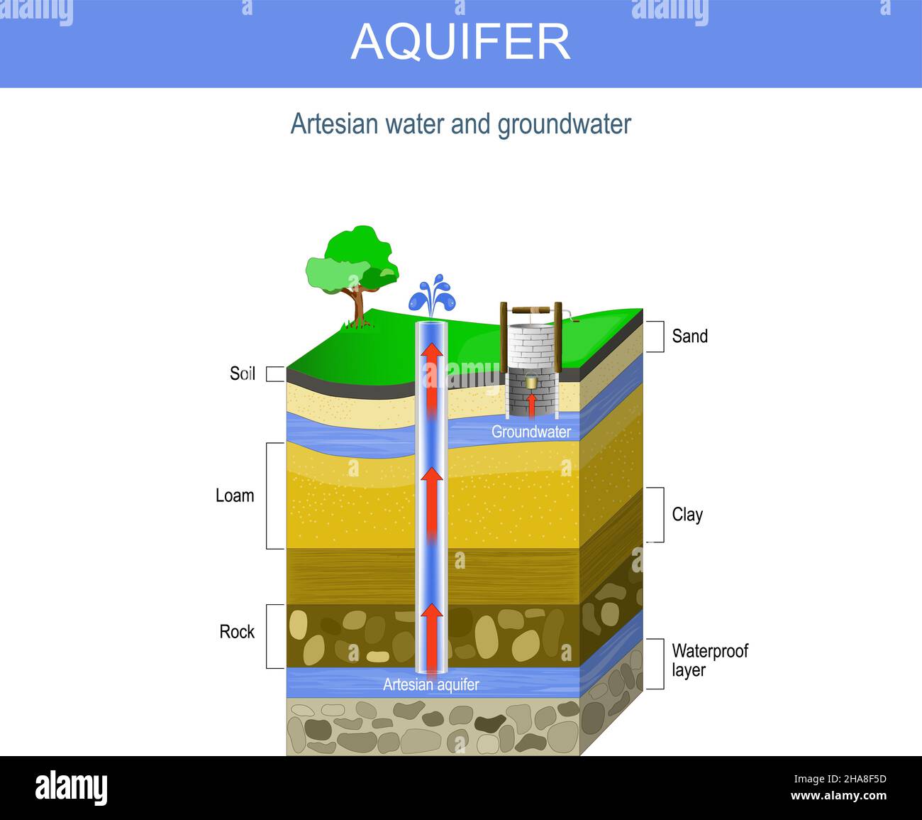 Artesisches Wasser und Grundwasser. Aquifer und artesischer Brunnen. Querschnitt des Bodens mit Sandschicht, Kies, Lehm, Ton und Fels. vektorgrafik. Stock Vektor