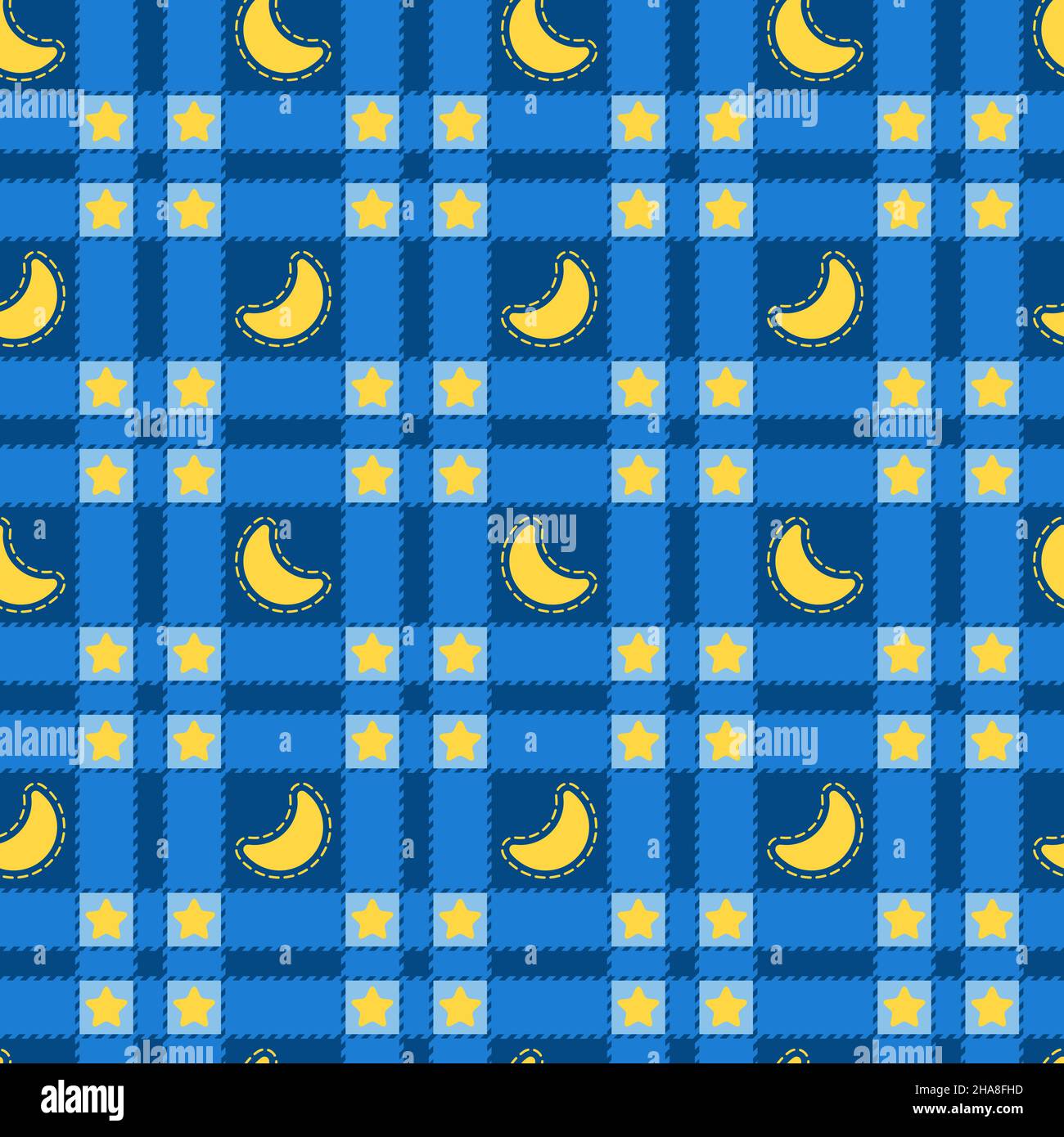 Nahtloses Muster aus blauem Karo mit gelbem Monat und Sternen. Vektorhintergrund. Stock Vektor