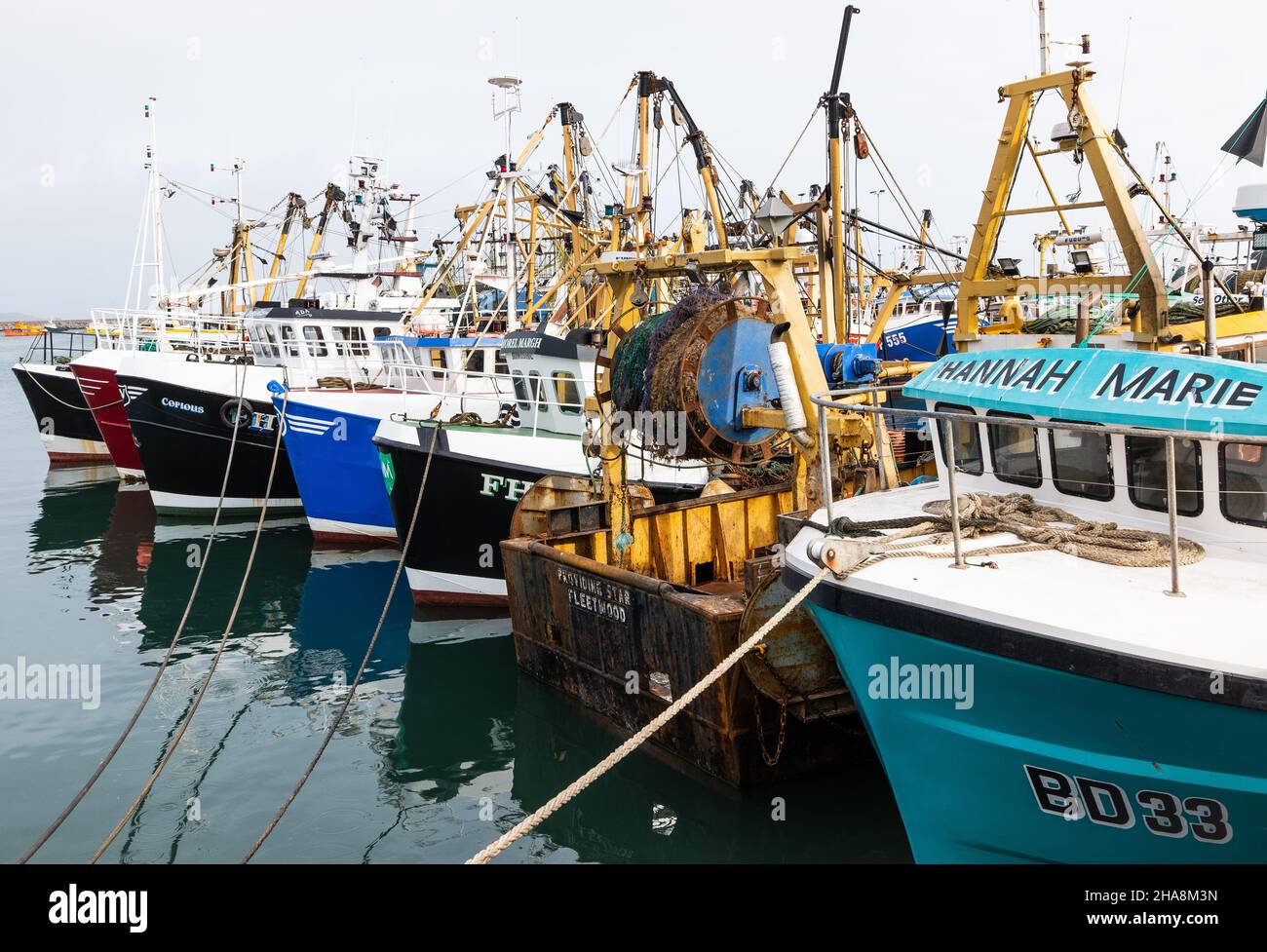 Fischerboote und Trawler vertäuten im Brixham Fishing Port, Devon, England Stockfoto