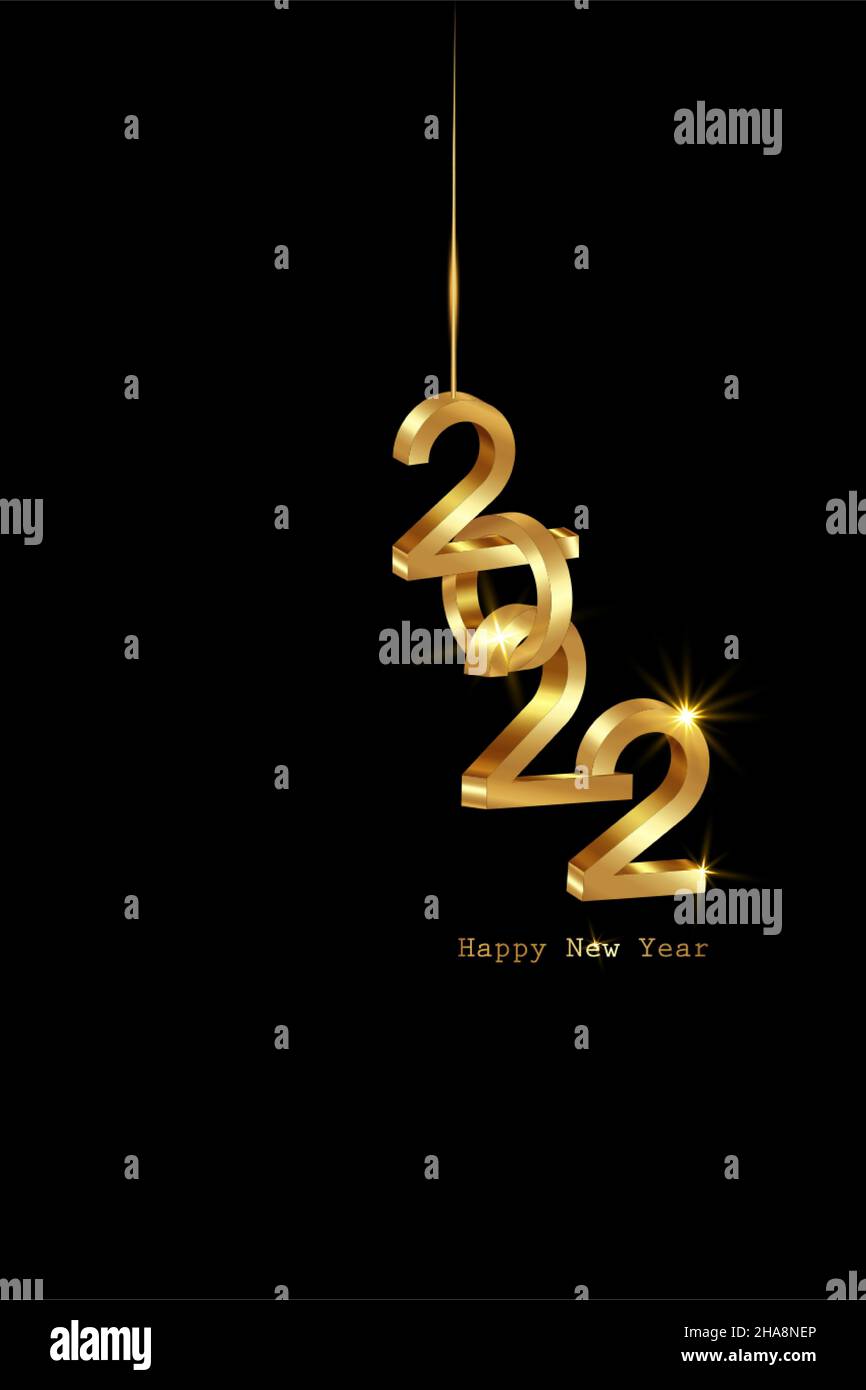 Goldenes 2022 Neujahr 3D-Logo, ineinanderstellende Zahlen. Weihnachtsthema, Vektorgrafik. Feiertagsdesign für Grußkarte, Einladung, Kalender, Teil Stock Vektor