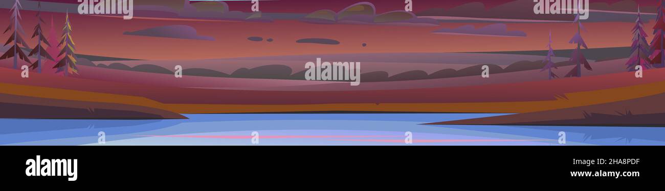 Nachts ländliche Landschaft. Alter Teich oder Flussufer. Blick auf Felder und Hügel des Bauerngartens. Horizontale Abbildung. Flaches Cartoon-Design. Wunderschönes dar Stock Vektor