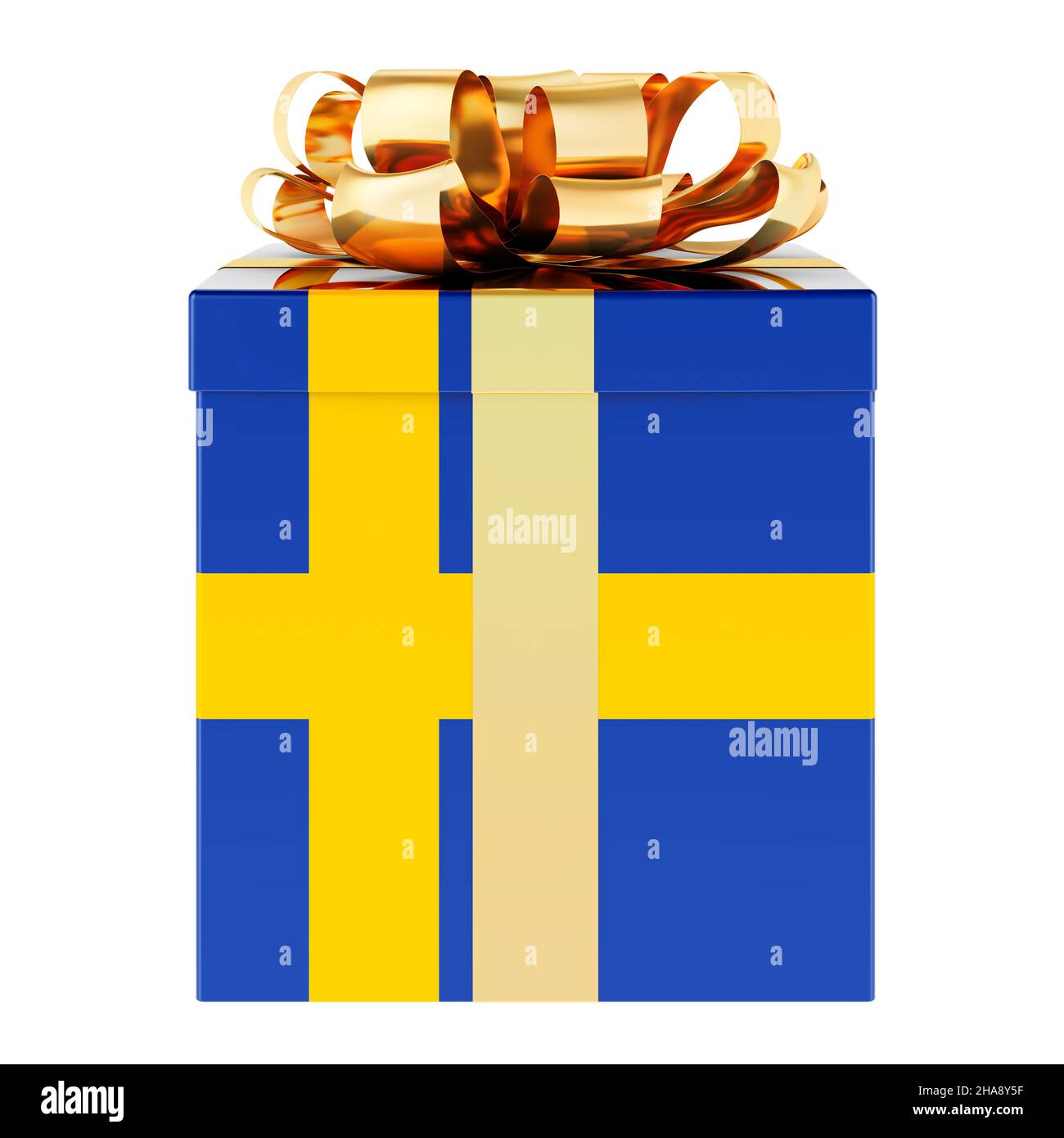 Geschenkbox mit schwedischer Flagge. Urlaub in Schweden, Konzept. 3D Darstellung isoliert auf weißem Hintergrund Stockfoto