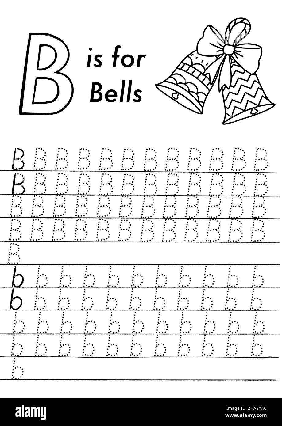 Arbeitsblatt zur ABC-Verfolgung von Weihnachten und Neujahr im Vorschulalter. Einfache pädagogische druckbare Spiel mit Färbung Bilder und Buchstaben. Kinder lernen Seiten. Stock Vektor