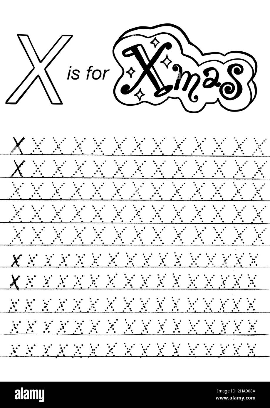 Arbeitsblatt zur ABC-Verfolgung von Weihnachten und Neujahr im Vorschulalter. Einfache pädagogische druckbare Spiel mit Färbung Bilder und Buchstaben. Kinder lernen Seiten. Stock Vektor