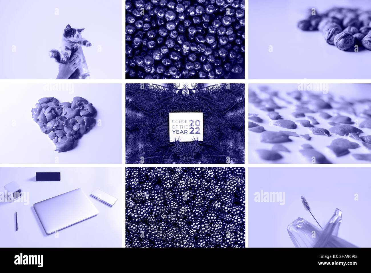 Farbe des Jahres 2022. Sehr perifarblich. Rahmen. Speicherplatz kopieren. Weihnachtskonzept. Vorlage für Design. Text. Collage und Sammlung von 9 Fotografien. Ber Stockfoto