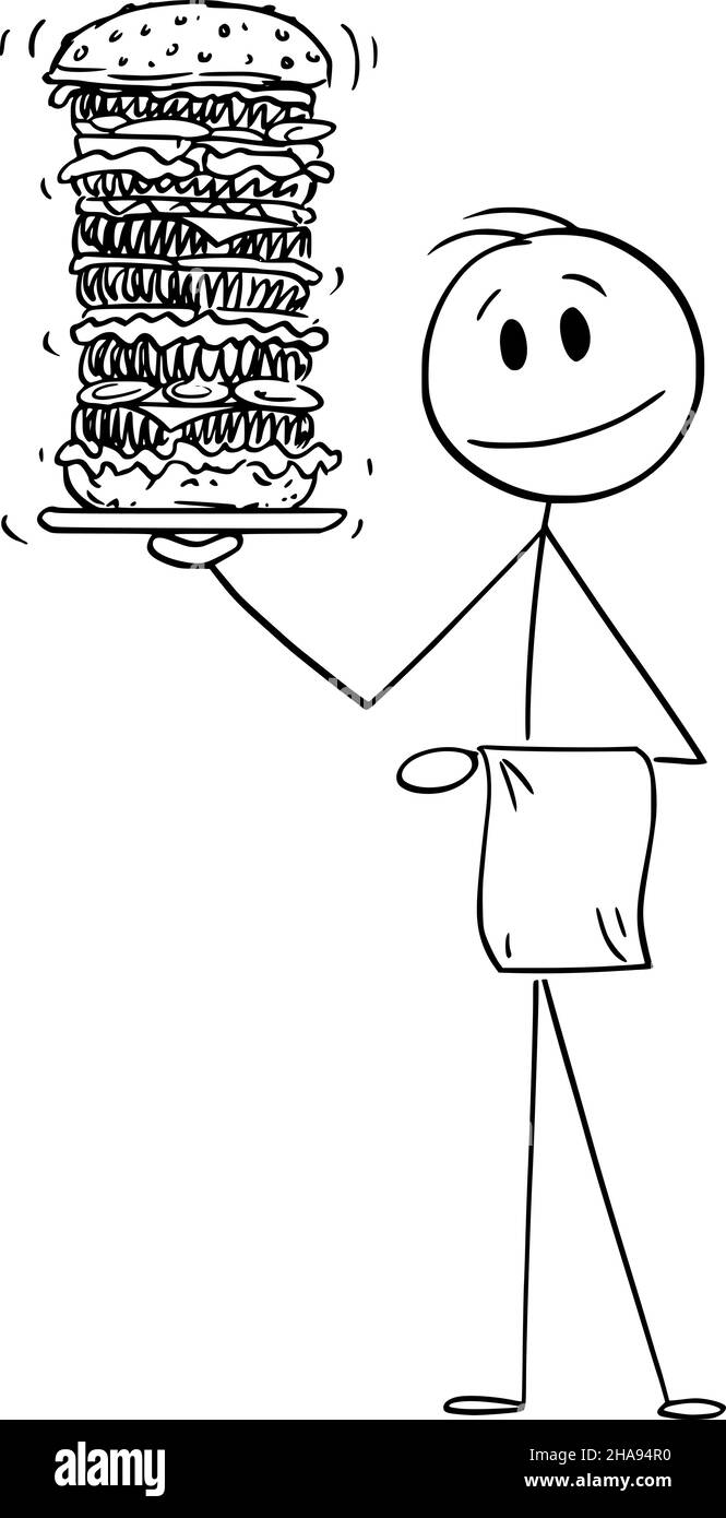 Kellner trägt hohen oder großen Burger im Restaurant, Vektor Cartoon Stick Abbildung Stock Vektor