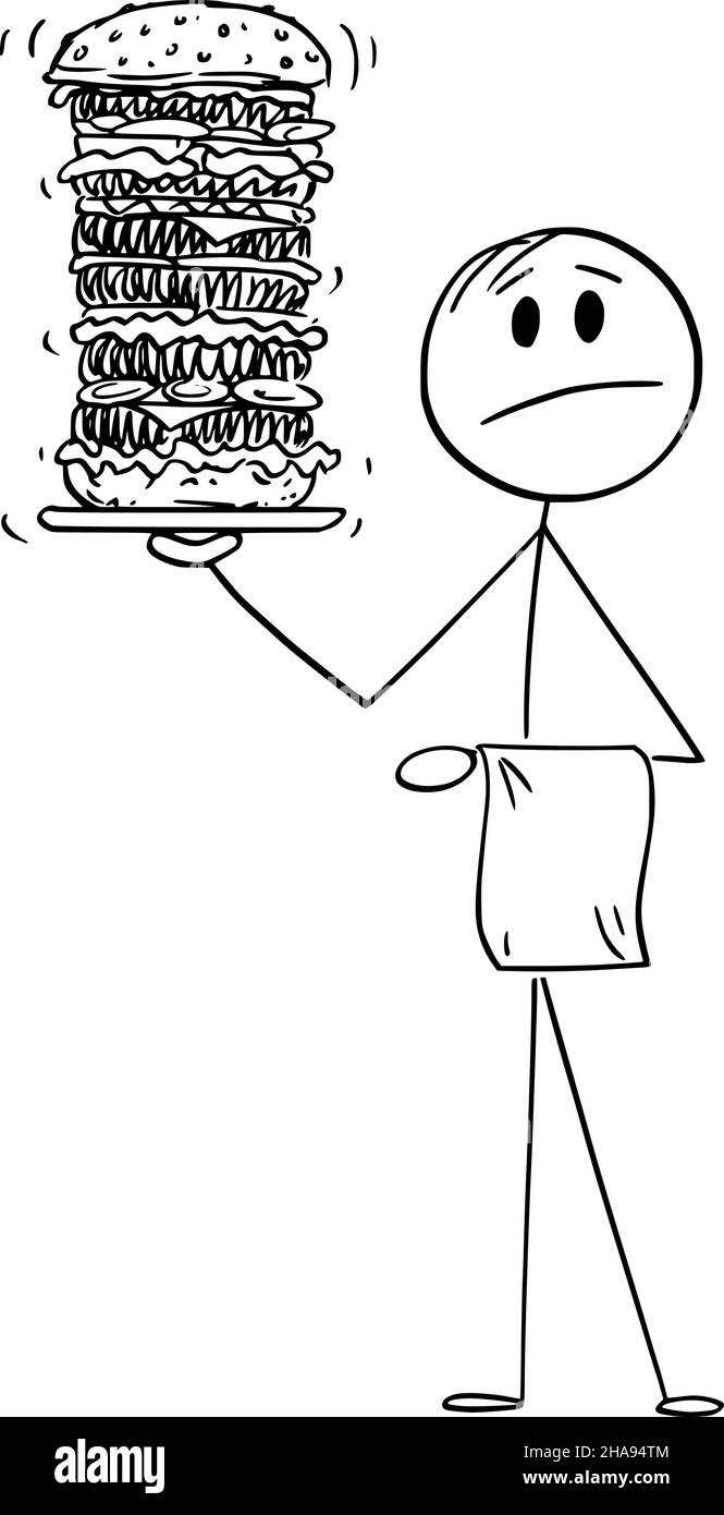 Schicker Kellner im Restaurant, der einen hohen oder großen Burger trägt, Vektorgrafik mit Cartoon-Stickfigur Stock Vektor
