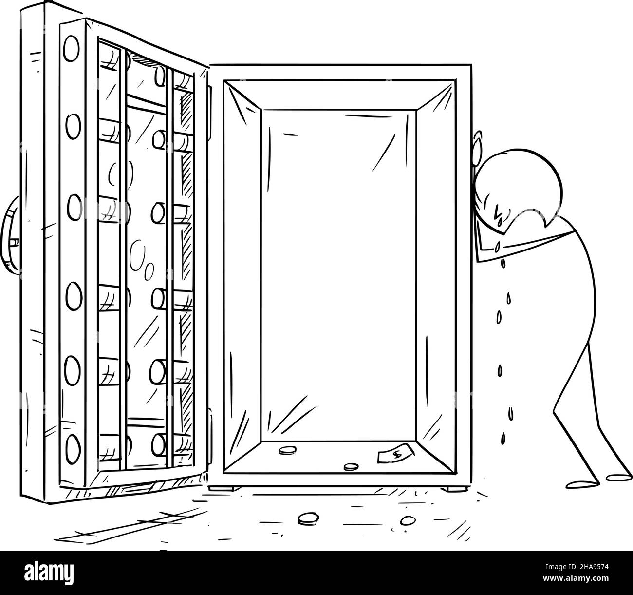 Traurige oder frustrierte Person ohne Geld in Safe oder Vault, Vektor Cartoon Stick Abbildung Stock Vektor