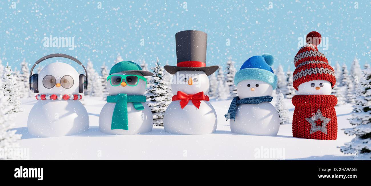 Gruppe von niedlichen Schneemänner in schönen verschneiten Wald. Winter Holidays Hintergrund 3D Rendern 3D Illustration Stockfoto