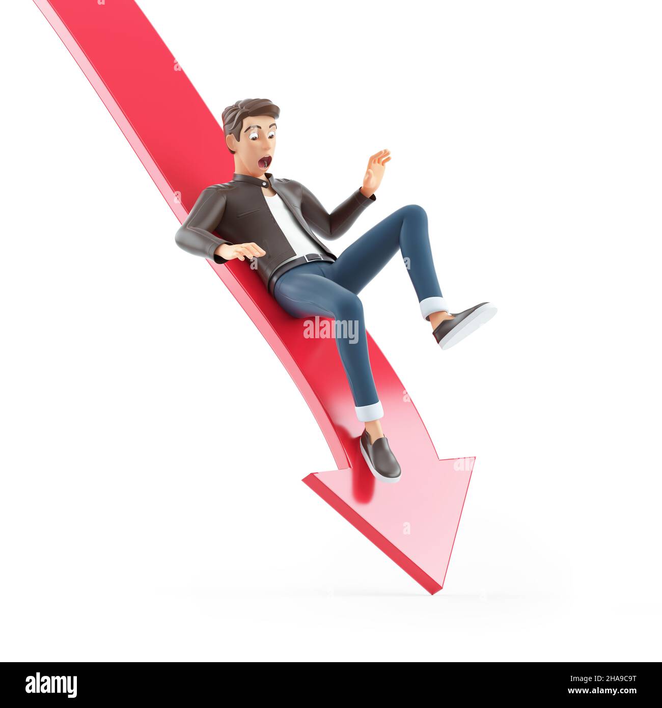 3D Cartoon-Mann fällt nach unten Pfeil, Illustration isoliert auf weißem Hintergrund Stockfoto