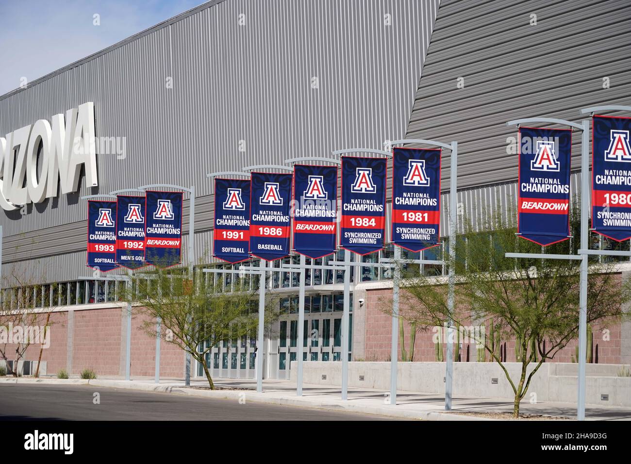 Arizona Wildcats NCAA Championship Banner für Golf (1992) Softball (1991 und 1992), Baseballspiele (1986), Synchronschwimmen (1981 und 1984 sind zu sehen Stockfoto