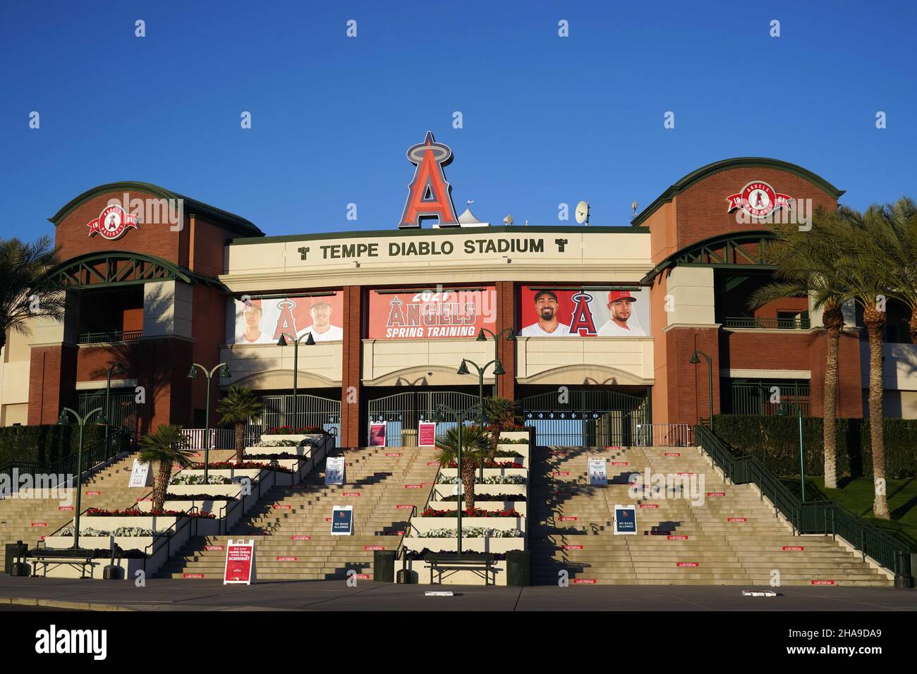 Eine allgemeine Ansicht des Tempe Diablo Stadions, Dienstag, 2. März 2021, in Tempe, Arizona. Der Komplex ist das Frühjahrstraining der Los Angeles Angels. Stockfoto