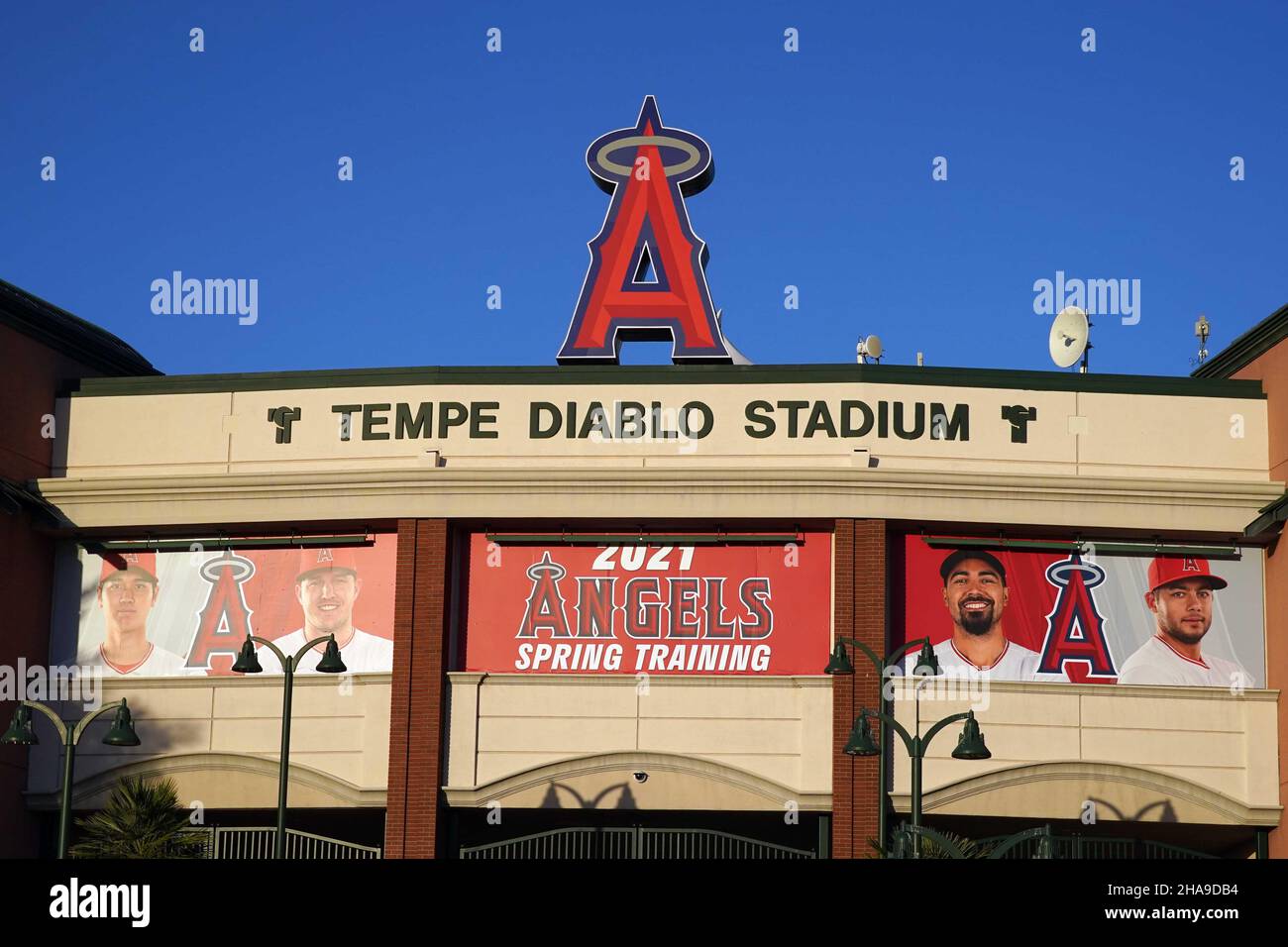 Eine allgemeine Ansicht des Tempe Diablo Stadions, Dienstag, 2. März 2021, in Tempe, Arizona. Der Komplex ist das Frühjahrstraining der Los Angeles Angels. Stockfoto