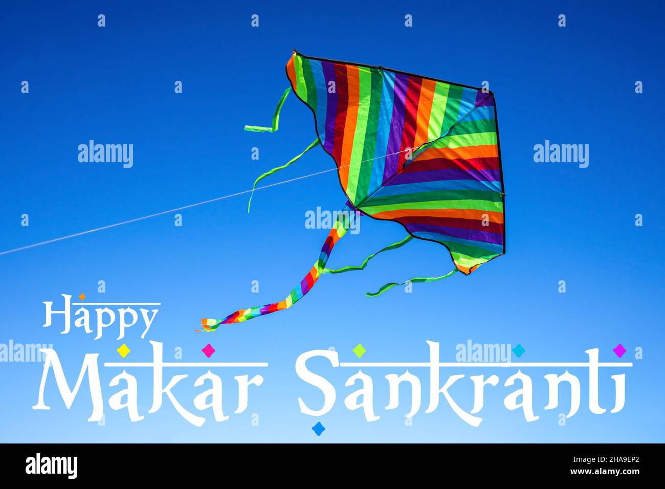 Schöne Grußkarte für Happy Makar Sankranti mit Drachen Stockfoto