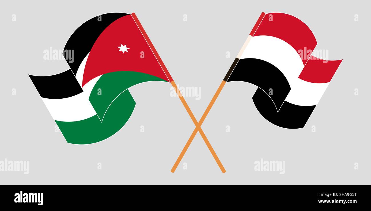 Gekreuzte und winkende Fahnen Jordaniens und des Jemen. Vektorgrafik Stock Vektor