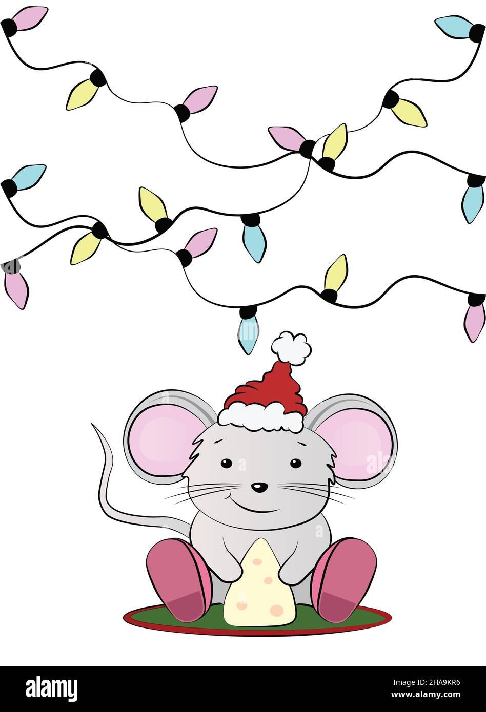 Niedliche kleine Maus mit Weihnachtsmann Hut feiert das neue Jahr und isst Käse Illustration isoliert auf weiß Stockfoto