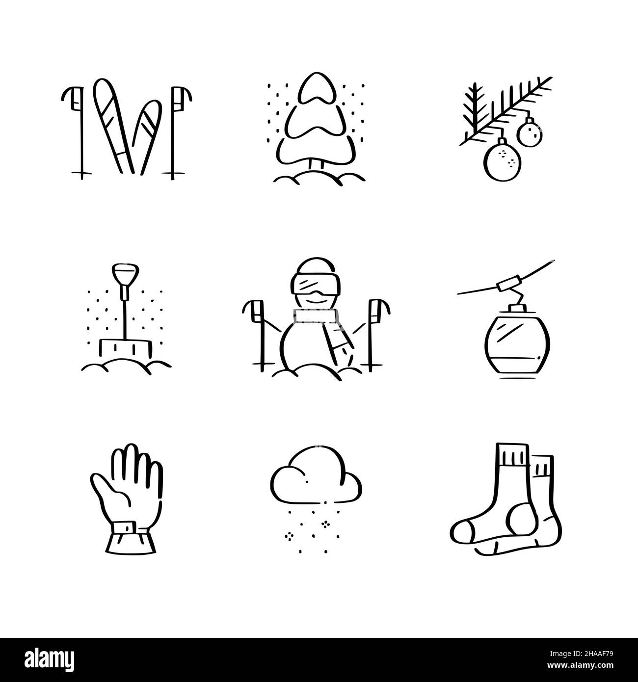 Winterurlaub in den Bergen. Freizeitsport, kalte Temperaturen und warme Kleidung. Symbole im Doodle-Stil Stock Vektor