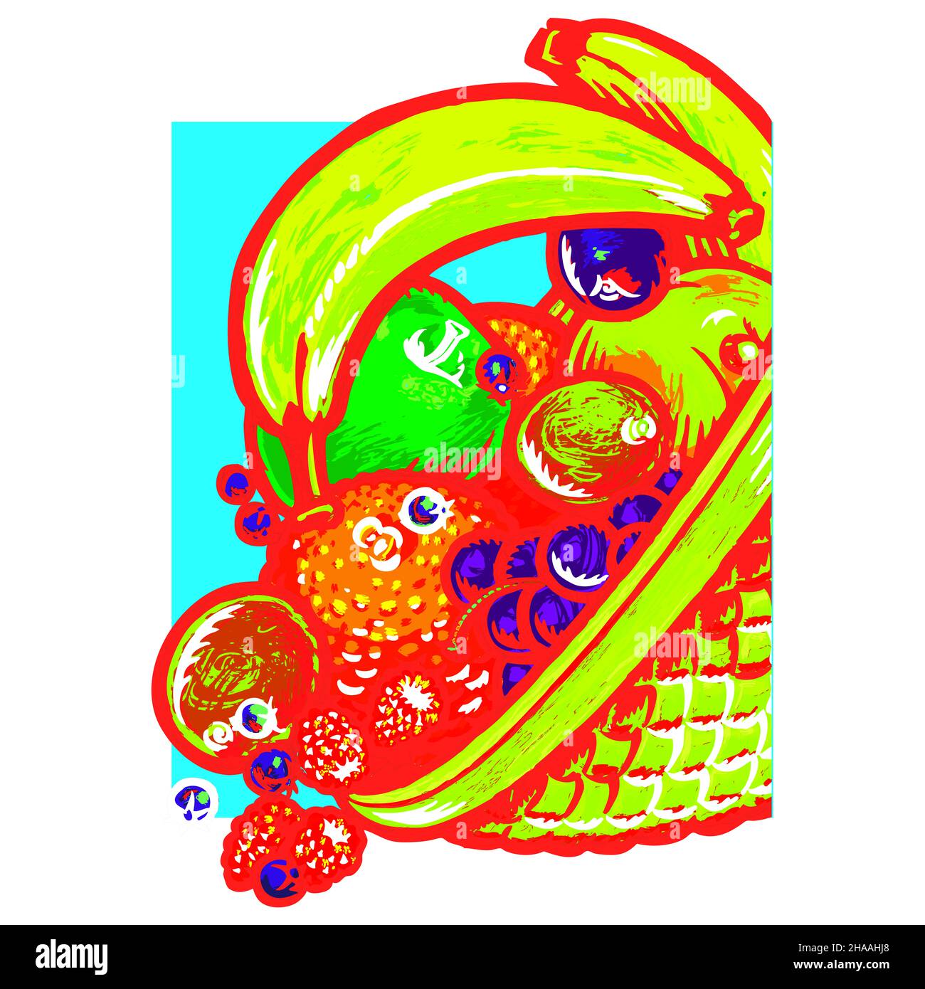 Früchte aus einem gekippten Korbkorb gießen. Bananen, Orangen, Äpfel, Kiwi, Trauben, Himbeeren, Pfirsiche und Pflaumen. Stockfoto