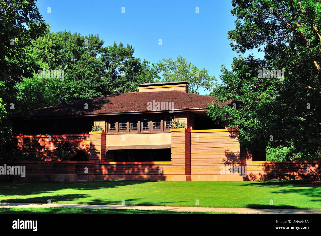Oak Park, Illinois. Das Arthur Heurtley House wurde vom berühmten Architekten Frank Lloyd Wright entworfen. Stockfoto