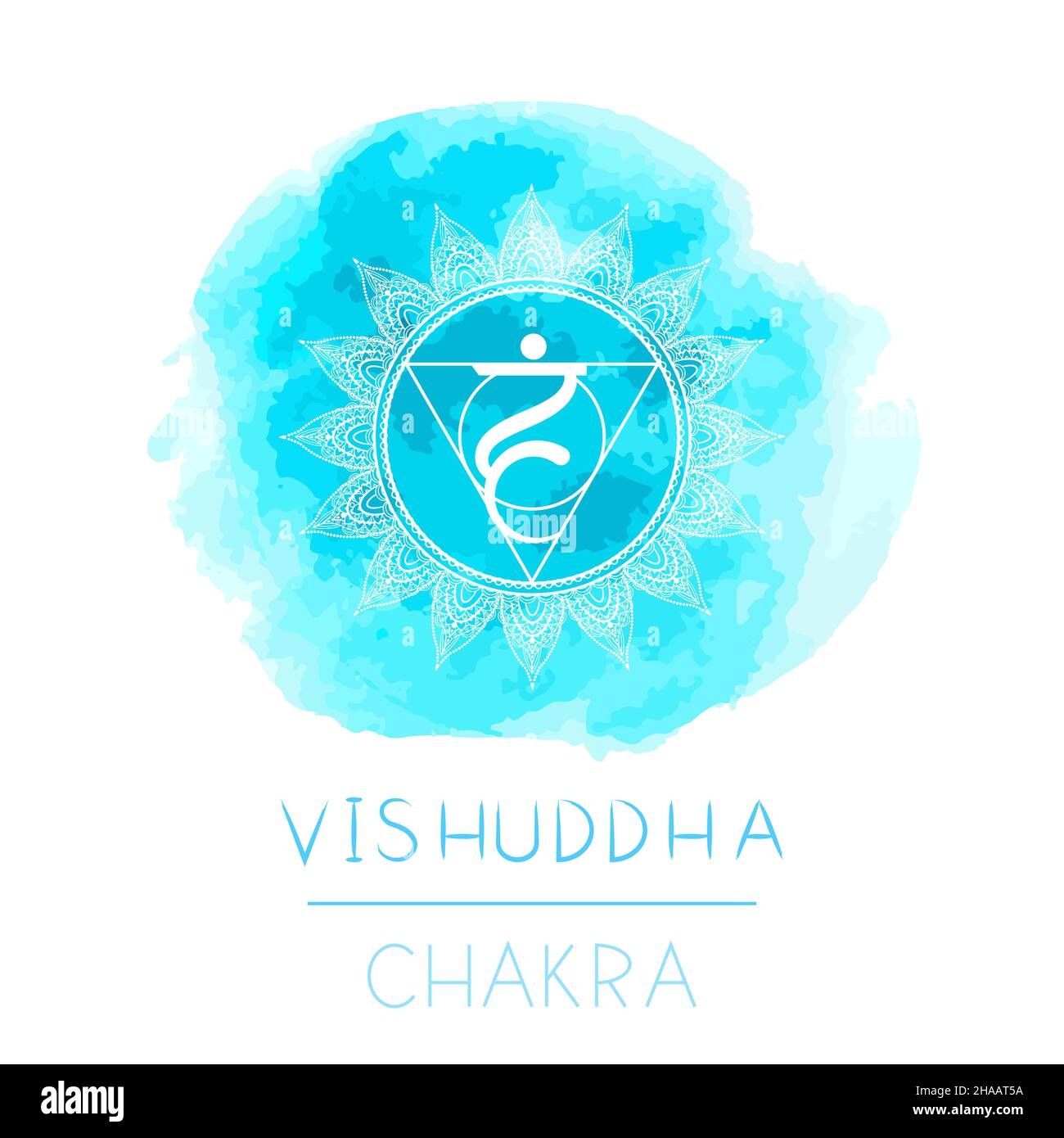 Vektor-Illustration mit Symbol Chakra Vishuddha und Aquarell-Element auf weißem Hintergrund. Kreis-Mandala-Muster und handgezeichnete Schriftzüge. Farbig. Stock Vektor