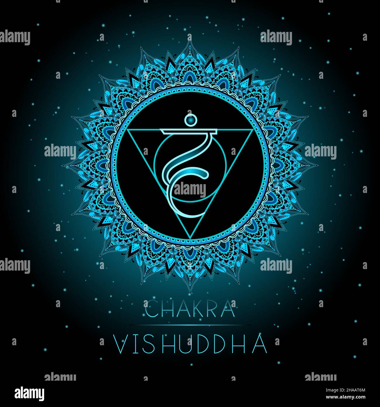 Vektor-Illustration mit Symbol Vishuddha - Kehlchakra auf schwarzem Hintergrund. Rundes Mandala-Muster und handgezeichneter Schriftzug. Farbig. Stock Vektor