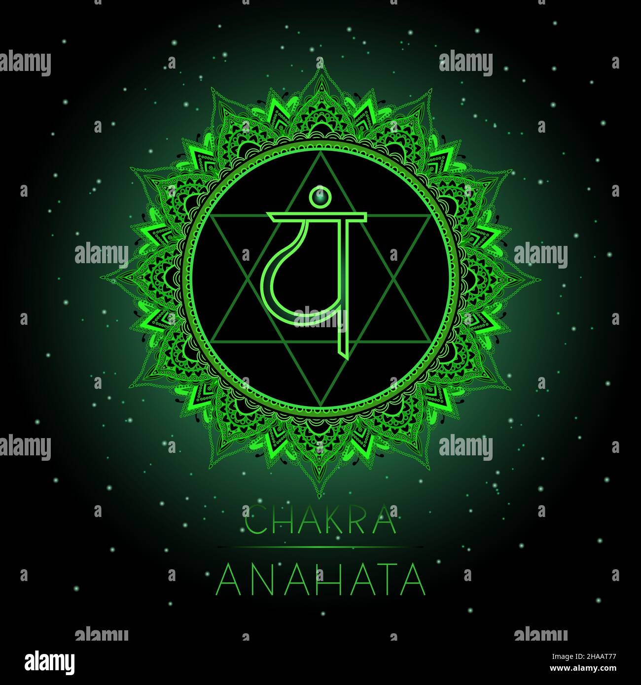 Vektorgrafik mit Symbol Anahata - Herz-Chakra auf schwarzem Hintergrund. Rundes Mandala-Muster und handgezeichneter Schriftzug. Farbig. Stock Vektor