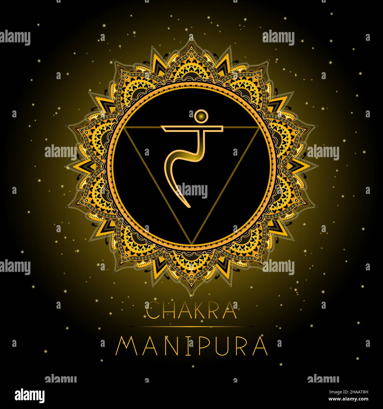 Vektorgrafik mit Symbol Manipura - Solar Plexus Chakra auf schwarzem Hintergrund. Rundes Mandala-Muster und handgezeichneter Schriftzug. Farbig. Stock Vektor